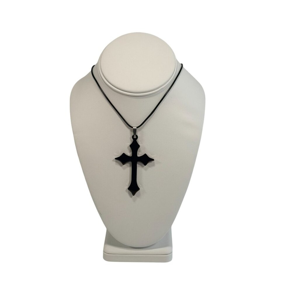 New Black Spanish Lord's Prayer Cross Pendant Necklace Statement Jewelry on Card - Picture 7 of 8